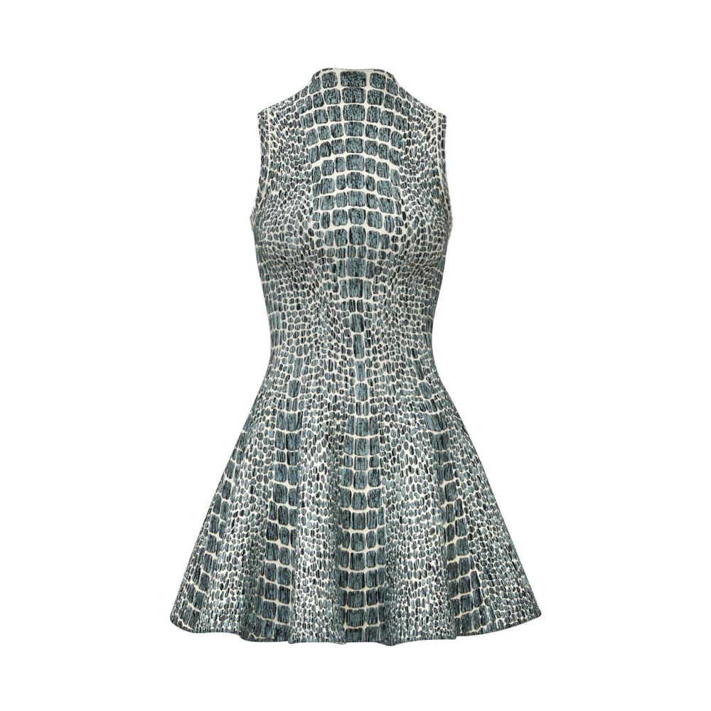 Alaia Green Jacquard 'Skater' Sleeveless High Neck Mini Dress Size XS